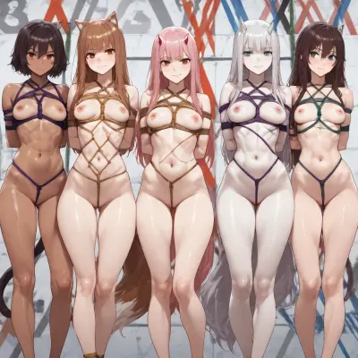 score_9, score_8_up, score_7_up, (group of 5girls:1.3), masterpiece, best quality, 5girls, standing, lineup, line, five people lineup portrait, dramatic studio lighting, dark background, (1st girl, holo \, (spice and wolf\), , , solo, brown hair, orange eyes, pale skin, slim_body, long_legs, tall, tan cords, shibari chest harness, fully bare skin base:1.3), BREAK, (2nd girl, myuri \, (spice and wolf\), , , solo, white hair, red eyes, fair skin, toned_abs, athletic_body, average height, gold ropes, asymmetrical rope harness, cross-body wrap shibari, fully bare skin base, NOT brown hair, NOT tan cords:1.25), (3rd girl, fran \, (reincarnated as a sword\), , , solo, black hair, green eyes, flat_chest, petite_body, short, crimson cords, detailed geometric shibari, complex rope patterns, fully bare skin base, NOT brown hair, NOT tan cords:1.3), (4th girl, zero two \, (darling in the franxx\), , , solo, long pink hair, cyan eyes, red eyeliner, white horns, pale skin, tall, lean body, royal violet purple ropes, symmetric shibari decoration, structural rope tie, fully bare skin base, NOT brown hair, NOT tan cords:1.3), (5th girl, rem galleu, solo, black hair, green eyes, cat tail, fit_body, narrow_hips, average height, deep green ropes, advanced shibari knotwork layout, fully bare skin base, nude, NOT brown hair, NOT tan cords:1.25)