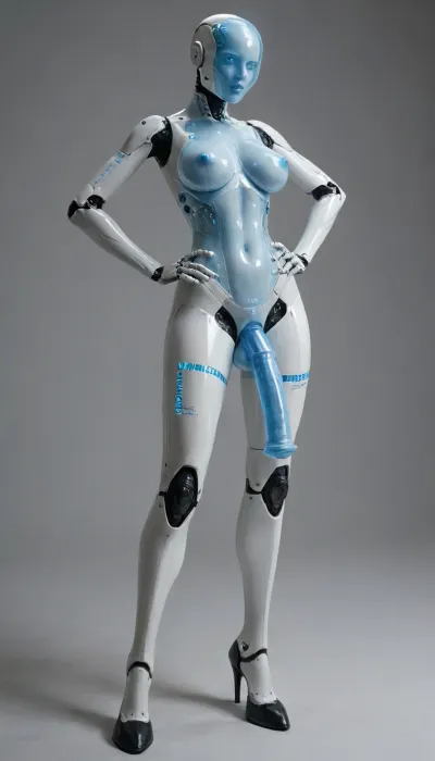 Robot shemale, high quality, white hard plastic body, large blue breasts, long legs, artificial equine futa cock, hooves, blue nipples, blue vagina, naked, holographic face, tall, equine futa cock, detailed face, insane quality robot, advanced technology, hand on hip, annoyed, model pose, stretched leg, robot horselegs, blue transparent breasts, iceblue breasts