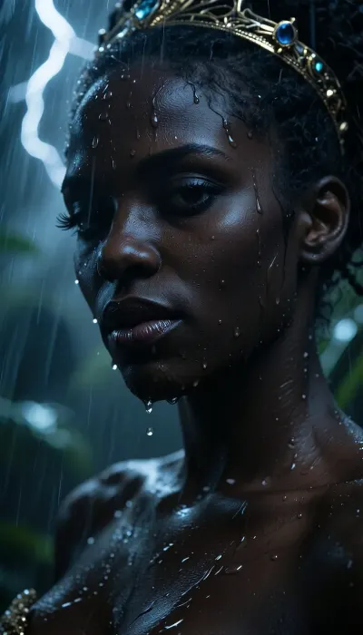 Portrait of a majestic African queen, 28 years old, African facial physiognomy, in a dark tropical jungle during a violent storm, rain pouring down, mist drifting behind her, faint lightning illuminating her face from above and behind. The camera is slightly below her eye level, so she looks down at the viewer with a cold, condescending stare, arrogant, superior, and almost cruel. Her head is slightly tilted down, chin subtly lifted in superiority, eyes narrowed with judgment and dominance. Hyper-realistic oiled skin, ultra-dark obsidian black, wet sheen, visible pores, fine natural texture, tiny raindrops clinging to her eyelashes and cheekbones. Her facial features are regal and sharp, high sculpted cheekbones, strong elegant jawline, full lips pressed together with faint disdain, eyebrows slightly lowered and arched in calculated superiority. Her eyes are piercing with deep dark irises, razor-sharp iris detail, tiny lightning catchlights reflecting in them. Expression communicates absolute authority, cold pride, and a chilling confidence that borders on menace. Only hints of her crown and jewelry are visible at the edges, wet gold and gemstones catching lightning, framing her face as a symbol of untouchable power. Cinematic storm lighting, cold blue highlights, high contrast, hyper photorealistic, 8K, extreme facial detail, shallow depth of field, intense gaze, dark jungle blur behind her. She is skinny but lea, sexy curves like a jungle predator looking to devour some meat, full body view