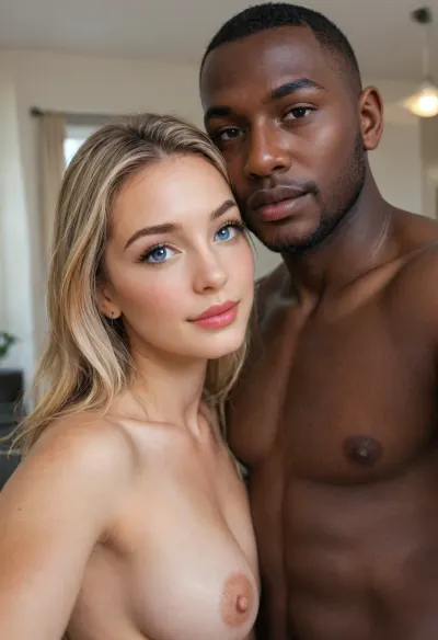 Photorealistic, correct anatomical proportions, consistent limb length, (interracial couple:1.7), my wife’s Black lover stares into the camera as he takes a selfie, he shows his dominance over my wife by giving her a headlock. My wife is an adult woman in her late 30s, (curvy:1.7), very short blonde wavy bobcut, (highly detailed face), bright blue eyes, fair skin, seductive, submissive, (beautiful:2), up voted model, natural medium saggy breasts, micro-waist, ultra-wide hips, big bubble butt, standing near the window, sexy black lace stockings, wedding ring, (happy:1.3), looking at the viewer, her naked Black lover is standing, (flirtatious headlock from behind), (headlock:1.5), (ultra-strong Black man:1.7), his cock is hard with anticipation, (big erect cock), in a luxury suite, (romantic tone), flirtatious tone, strong side light coming from the left, visible shadows on the right side of the face, higher contrast, sculpted lighting, (selfie:1.3), (ultra-realistic, RAW photo, DSLR, sharp focus), (source_real), ultra-realistic, RAW photo, DSLR, sharp focus, (Canon EOS R5, 85mm lens perspective, f/1.8), shallow depth of field, close up shot, eye level, subject in sharp focus, background softly blurred, (bokeh), highly detailed skin texture, visible pores, subsurface scattering, natural color grading, cinematic composition, rule of thirds, (ultra-high resolution, 4K / 8K, highly detailed, sharp focus, masterpiece, best quality, intricate details), (score_9, score_8_up, score_7_up), <lora:attractive_notrigger:2>, <lora:Portrait_perfection:.8>, <lora:EnvyBetterHiresFixXL01:.8>