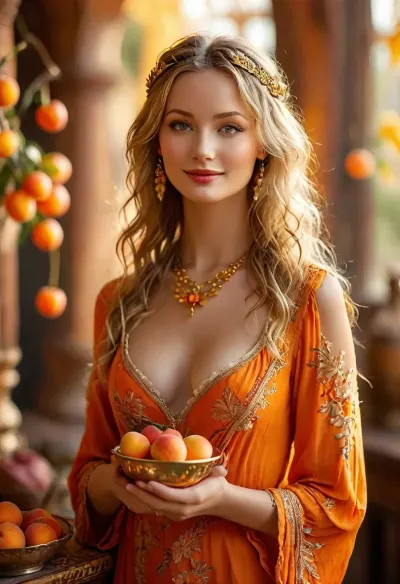 (Dark Fantasy Artwork), artistic, low-angle, full-body, 40-yo, belle female, smiling, fair-skinned, long wavy blonde hair adorned with a gold headband, She wears an ornate, deep orange, low-cut dress with intricate gold embroidery and a matching necklace. She holds a bowl of ripe, golden peaches, set against a blurred, warm-toned background, evoking a sunny, outdoor setting. /KlTTY-ART/, <lora:COMFYUI_mimic_landscape_-_XL_SDXL v2.0:.6>, <lora:attractive_notrigger:.1>, <lora:PerfectEyesXL:.1>, <lora:MJ52:1>