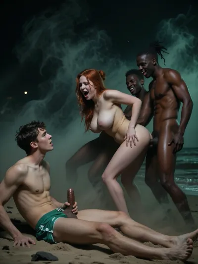 Fantasy setting, cgi Render with imperfections saturated dark green colors Style, The scenario is enveloped in the deepest darkness imaginable, filled with thick, swirling steam and dust that obscures every surface, The air is heavy and thick, and no ray of light penetrates the suffocating haze, night on beach, All skin texture vanishes in the darkness, no light touches the skin. The individuals can be made out only as vague shapes in the dark A pale young man, 20 years old, wears green swim shorts, from England forced to share his red-haired wife, For him, it is a deeply humiliating feeling to watch his wife’s intense, unbridled lust with the two strangers, he sits clearly apart in the sand, watching his wife from a distance, his overweight wife, 18 years old, with two masculine men from the Caribbean, his wife is being fucked hard by two Caribbean men, a dream comes true for the skinny slim young woman as she screams out in pleasure and bliss, The slim woman enjoys the masculine dominance of the Caribbean men and laughs towards her husband, the Caribbean men fuck the very beautiful slim woman from behind, without mercy, spit roasting her, hige cock in mouth, anpther in her pussy mfrom behind, all her body is slim, her round ass, and her boobs bounce back and forth with every one of his thrusts, she moans from pleasure, she orgasming and breathing heavily, he's thrusting his hip deep and fast, hyper fast rhythmic motion, her breasts jiggle, blue-grey eyes, (massive natural soft tits:2), deep brown tan, enhanced tan lines, pale breasts, gigantomastia, macromastia, gigantic breasts, enormous breast, ultra large breasts, impossibly large breasts, brown hair in a messy updo with bangs, womans moans muffled, muffled moans, As he fucks her harder and faster, She rolls her eyes back and groans long, she is orgasming. man continues to fuck her faster and faster relentlessly