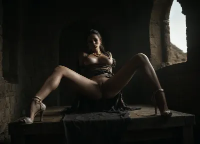 Uber realistic, 8k, ultra detailed, masterpiece, Erotic historical scene. Hyper realistic, (an African queen, submissive, wearing, (torn medieval royal dress)), outdoor, Arab desert, big saggy breasts, medieval castle in background, High, Resolution, More, Details, 8K, but, wide view of a dark very wide romantic wedding room, from below, mature woman, standing on her knees, spread legs, sexy pose, 1 blonde mature, from behind, on all four, doggy style, east eur bored, looking far away on her left, lying on her back on a white couch, ponytail, high cheeckbones, long masculine face, squared face, with huge mise, arche d mode, wide chin, wrinkles on face, big nose, hard makeup, dark red lipstick on thin lips, big greenish grey eyes, hazel shadowed eyes, dark red nails, gold and pearl long earrings, belly chain, gold necklace with a red jem pendant, gold bracelets pearl and diamonds, gold anklet, pale-grey tight-high hold-up stockings, realistic intricated hold-up ruffle, white and gold high hells stiletto, very-high heels, white very long fur coat, fur under her ass, partially buttoned white fur coat, very furry, very small saggy breasts with protruding nipples, she is drunk and very bored, eyes half closed, nude under the coat, lying on her side very relaxed, bottom on the armrest of the white sofa, spreading long legs, legs asymmetricly posed, very high arches, white high-heels stiletto, golden anklet, (very depraved pose), relaxed back and bored, dark brown hairy vagina's fur, thick but hairy furry vagina, realistic asymmetric inner labia visible, the pussy is wide open, sex-hungry seducing, arm lying on the wite sofa, in one hand she holds seductively a long black 30's cigarette holder with a lit cigarette, she looks away, perfect fingers, long nails, perfect long muscular legs, high arches, showing legs, blemishes, very tanned skin, whore, depraved whore, soft light, bokeh, rich hall during an elegant party, <lora:add-detail-xl:.8>, <lora:BUT_SDXL_SHS:.3>, Girl 22 years, real girl no anime, perfect sporty body, extremely long legs, fucked missionary position, full view, 180cm tall, dark ginger hair, long hair, blue eyes, freckles on face, beautiful face, choker, earings, female blushing, extra detailed, high definition, pigtails, big round fake breasts, slave collar, hard nipples, breast piercing, breast exposed, (skin tight full body black lingerie, full body, narrow waist, (((makeup, eyeliner, mascara, pink lipstick, eyeshadow, smokey eyes))), ((tied on top of a table, lying on her back, wrists tied to the corners of the table)), arms open, legs open, legs lifted high and wide, wrists leather cuffs, smi, <lora:dark:.8>)