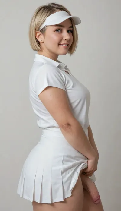 (Futanari:1.3), one dickgirl, (solo:1.3), (erect penis:1.3), (wide hips, hourglass figure, thick tighs:1.3), Japanese, BBW, Small Breasts, Short Hair, naked, (blonde hair:1.2), (straight very shortcut hair:1.2), (parted bangs:1.1), collared white t-shirt, shortsleeve, white pleats tennis skirt, white pleated skirt, wearing white skirt high-waist, white visor cap, fully clothed, all white outfits, (blonde hair:1.1), straight very shortcut hair, (bangs:1.2), ear visible, barefaced, droopy eyes, look at viewer, smiling, biting lip, chubby, bbw, thick thighs, large ass, (standing:1.1), (spreading legs:1.1), (lifting her skirt:1.2), skirt up, (hard erect cock upright towering:1.3), tan line on thighs, thigh gap, (all white outfits:1.3), plain white background front view, side view, milf, mature