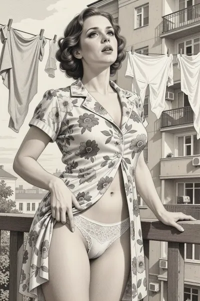 This is is a detailed monochromatic pencil drawing in a classical illustrative style depicts a scene set in USSR in 1950s, Beautiful sexy brown elegant hairstyle mother stands and hangs her washed underwear on a clothesline on the balcony of an apartment in a multi-storey building, wearing in a short flowered housecoat, the hem of the coat is open, her white lace panties is visible, looking up, seductive face, The overall mood is intense, rendered in fine, expressive line work and subtle shading, evoking the style of 1950s satirical or moralistic illustrations.