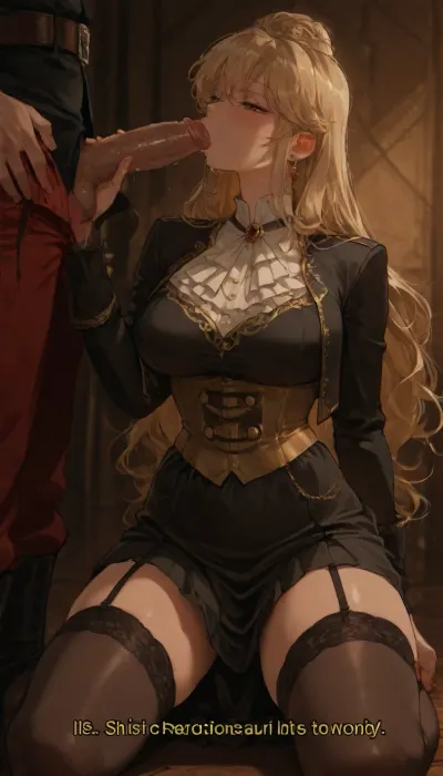 rating_safe, source_anime, great_quality, masterpiece, In an intimate, dimly lit French boudoir, a young bourgeois woman from the late Belle Époque, (circa 1910), is shown, her blonde hair is styled in a voluminous bun. She wears a cream-colored silk corset that has been loosened and untied, slipped down from her bust to her waist, while her lower body is draped in fine lace petticoats and silk stockings with visible garter straps. She has very large, manga-style eyes and rouge on her cheeks. She is hosting a French soldier dressed in a 1910-era uniform—featuring a black tunic with gold buttons and red trousers. He is standing with his penis exposed from his fly, and she is kneeling before him, her mouth at hip level, performing fellatio, she takes the soldier's member into her mouth eagerly., character illustration with expressive features, asymmetrical composition with visual interest, dramatic cel-shaded lighting with sharp shadows, textured clothing with visible weave patterns, nostalgic and melancholic feeling, 1990s style, retro anime, cel shading, hand-drawn, screencap, film grain, vintage VHS overlay