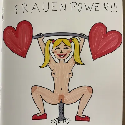 The image shows a simple, colorful drawing of a smiling girl with blonde hair tied in two pigtails. She is naked except wearing red shoes. Her vaginia is prominent set out. A drawn penis from the bottom up impales her. The girl is lifting a barbell above her head, but instead of weights, there are two large red hearts on each end of the barbell. Above her, the word "FRAUENPOWER!!!" is written in bold letters. The overall message of the image is one of strength, empowerment, and positivity for women.