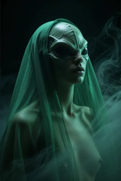 Deep emerald-green veil blankets the scene, tinting atmosphere, skin, and surfaces with a muted emerald cast. Cool green shadows envelop every subject. Low-key cinematic lighting, extremely low ambient light, dense swirling mist and atmospheric haze, background fading into near blackness, soft volumetric light revealing only the most important details. Darkness fills the environment completely, concealing almost everything except the subjects, with a subtle green tint lingering in the shadows. Photorealistic, masterpiece, green-tinted color grading, highly detailed alien head