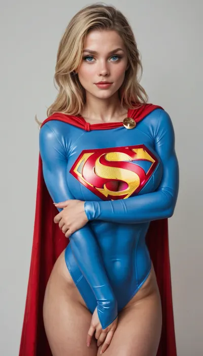 A busty supergirl in hero costume. Supergirl-costume. Deep cleavage.