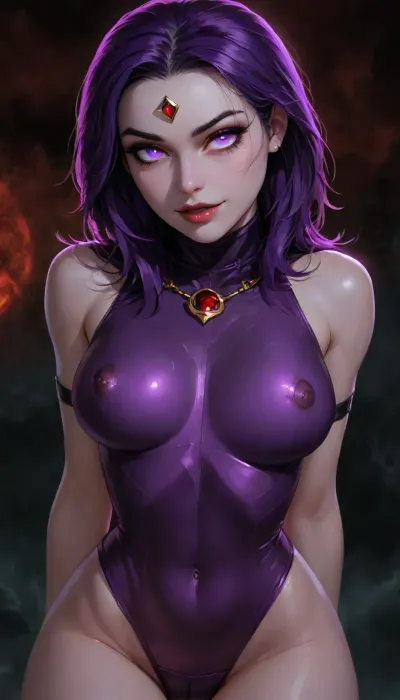 Charming girl, (charming purple eyes, bright glowing pupils:1.5), Night, ultra detailed, HD, solo girl, masterpiece, best quality, high resolution, hires, score_9, score_8_up, score_7_up, score_6_up, (DC comics titans raven:1.4), detailed face, light Grey skin, short black hair, purple hightlights in hair, goth make up, red diamond on forehead, slim body, dark purple skin tight one-piece, black fishnet leggings, long dark purple Rangers cloke and hood, black leather choker, small nipples, ahegao expression, (oiled skin:1.2), laying on side, wet leaking from pussy oiled skin, posing for viewer, at night, on a small island, titan tower from DC comics in background, bright red moon, detailed background, side view, close up, ratatatat74, incase style, fantasy, raven, woman, ((dark background)), <lora:zavy-hrglw-sdxl:2>, <lora:DetailedEyes_V3:2>, <lora:ratatatat74-000050:1.3>, <lora:Raven_XL:1.6>