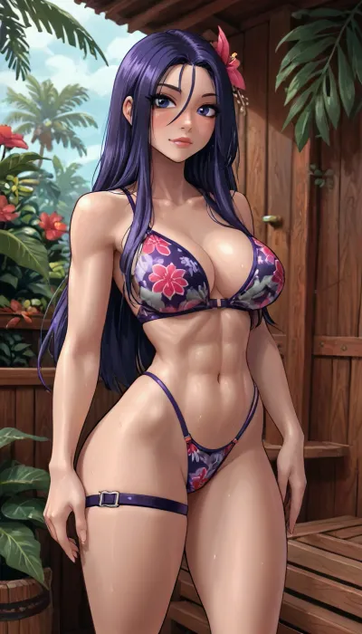 (innv meets jack cayless style), (reiq style, masterpiece, cel-shaded, limited color palette), ((Beautiful Muscles Sexy Psylocke from marvel rivals game body:1.5)), (1girl, solo, alone, 21 year old woman), (gorgeous, seductive face, long hair, hair ornament, purple hair, mature, ads, perfect breast, perfect hands, perfect legs, small waist, big thick thighs, huge hips, big ass, hard nipped, sweaty body), ((wet see throw tropical pattern flower cut out underwear)), (tropical flowers legs straps), (tropical pattern flower Strap sandless), (standing teasing posing), (steam, smoke, sauna background), ultraviolet light, LoL, Style, surtr, loukong1, swimsuit, <lora:LCMTurboMix_Euler_A_fix:2>, <lora:mk_Bp Anime_xl:2>, <lora:Ppolar-P3v1-NbVp10:2>, <lora:42_cover_xl:2>, <lora:loukong1_XL_reg0_:.8>