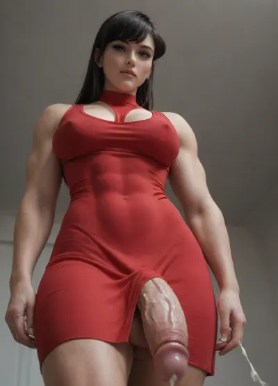 Komi shouko, parody, muscular futanari, huge cock, abs, biting lip looking down, front low view point, she is about to fuck viewer, ejaculating, cum falling towards view point, tight red sexy dress, erect, glowing eyes