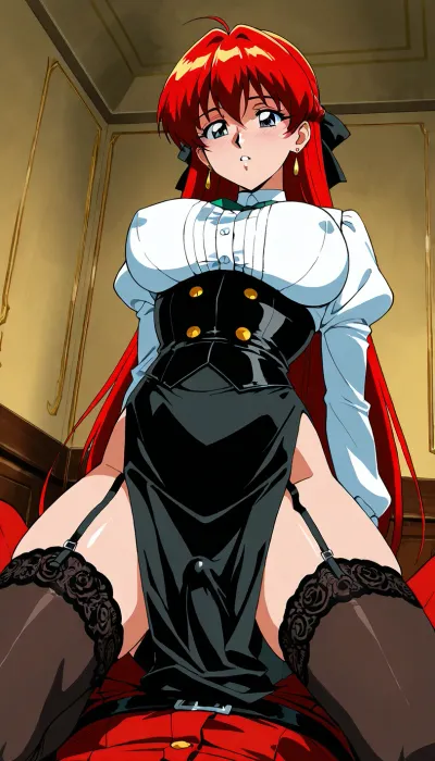 rating_safe, source_anime, retro 1990s anime screenshot, traditional 2D animation, authentic cel-shading, hand-drawn key frame, vintage OVA screencap. In an intimate, dimly lit French boudoir, a young bourgeois woman, 22 year old, from the end of Belle Époque, 1910s is depicted, Her hairstyle is impeccable—a voluminous updo typical of the early 1910s, featuring soft, romantic "Marcel waves" framing her temples and delicate tendrils escaping at the nape of her neck. She wears a cream silk corset that is loosened and untied, slipped down from her bust to her waist, revealing her bare breasts, exposed bosom, and delicate skin beneath sheer tulle veiling. Her lower body is draped in fine lace petticoats and silk stockings with visible garter straps. She has very large eyes and flushed cheeks. She is receiving a French soldier in a 1910-era uniform—black tunic with gold buttons and red trousers. He stands with his penis exposed from his fly, she is on her knees on the floor, kneeling deeply before him, bent knees resting on the carpet, low angle perspective looking down at her kneeling posture, her mouth at his hip level, performing blowjob, she eagerly takes the soldier's member into her mouth. anime key visual, vibrant anime color palette, sharp dark line art, flat cel-shaded surfaces with hard-edged shadows, hand-painted background in gouache, 1990s anime style, cel shading, screencap, subtle film grain, vintage VHS overlay effect, strictly 2D illustration, no 3D, no CGI.