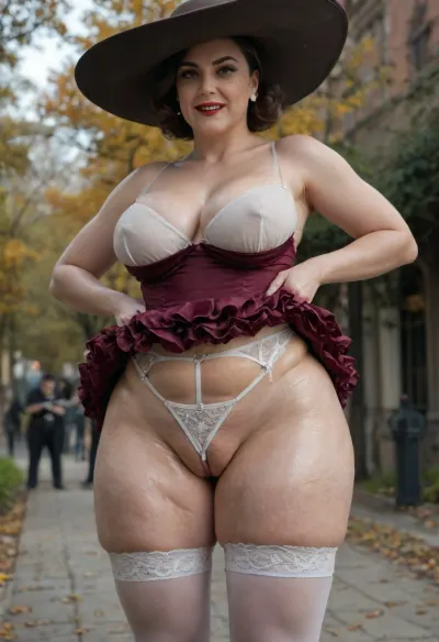 (oiled glossyshiny skin, Alcina Dimitrescu in canonical suit with garters and beltstockings), mature, incredibly beautiful granny, (wrinkled, cellulite:1.2), (oiled glossyshiny skin:1.4), large green eyes full of innocence, and delicate, charming facial features that radiate youth. She random posing, partially dressed in a luxurious, The gown is made from rich, velvet-like fabric with delicate lace accents, leaving her very large, natural big sagging breasts, vagina, and big anus exposed, (floral blue and white crotchless leggings:1.3), tight corset, belt. Her face shows pleasure with a satisfied smile, flawless skin and body., (big butt), (big labia cameltoe:1.6), (gaping vagina:1.3), (crotchless:1.4), (half-open mouth), (outdoor in living public park:1.2), (very strong contrast tan lines), elegant red bag, (strangers standing behind her:1.6), 3/4 body view, (nylon burgundy tutu:1.6), .