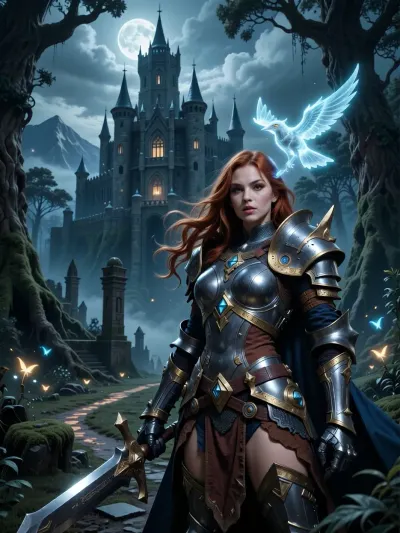 An impressive scene from the world of a fantasy computer game unfolds in front of me. In the center of the composition stands an ancient castle, whose towers look up to the sky, covered with eternal frost. Its walls, made of dark stone, reflect the ghostly light of the moon, which hangs high above the horizon, surrounded by mysterious clouds.

Below, at the foot of the castle, there is a dense forest kingdom, where the trees seem to be gigantic giants, their tops are lost in a misty haze. There are glowing paths between the trunks, along which ephemeral creatures glide-fireflies or, perhaps, small spirits of the forest. Here and there you can see the remains of ancient ruins, overgrown with moss and vines, which hints at the greatness of a long-forgotten civilization.

In the foreground is a warrior in massive armor that shimmers with silver and gold with every movement. Her hair, the color of ripe copper, is spread over her shoulders, and in her hands she holds a huge two-handed sword, ready for battle. On her belt hang various amulets and symbols of power, each of which tells its own story.

A mysterious figure hovers over the heroine's head – a magical familiar in the form of a glowing bird, whose wings are made of pure light. His eyes are like two miniature suns, carefully observing the world around them, ready to warn the mistress of any danger. There is a sense of impending battle in the air, the tension is felt even in the lightest breeze.

In the distance, behind the forest, you can see a mountain range, the tops of which are buried in clouds. From there comes a dull rumble, which can be either a natural phenomenon-the awakening of a volcano, or a sign that the ancient forces are awakening after a long sleep. Everything around is permeated with magic, every detail suggests that this world is alive, breathing and full of secrets waiting to be revealed