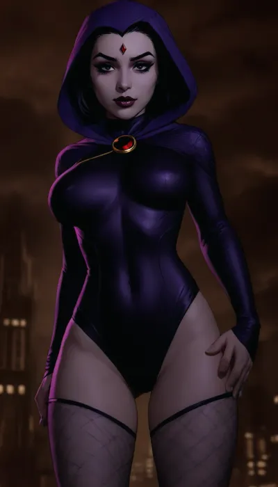 masterpiece, best quality, high resolution, hires, score_9, score_8_up, score_7_up, score_6_up, (DC comics titans raven:1.4), light Grey skin, short black hair, purple hightlights in hair, goth make up, red diamond on forehead, slim body, dark purple skin tight one-piece, black fishnet leggings, long dark purple Rangers cloke and hood, black leather choker, small nipples, slim ass, (bent over looking back at viewer), back arched, getting fucked hard doggystyle, expression of pleasure, unshaven hairy pussy, big bush pussy hair, night, on a small island, titan tower from DC comics in background, side view, (one man standing behind raven), deep pussy penetration, detailed background, ratatatat74, incase style, fantasy, raven, <lora:ratatatat74-000050:1.3>, <lora:Raven_XL:1.6>