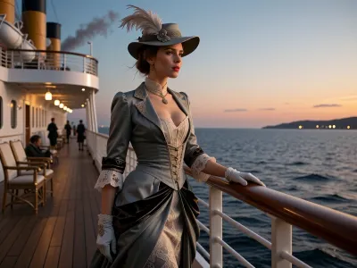 A cinematic photorealistic scene set in 1912, at the final twilight of the Belle Époque. A young busty woman stands alone on the promenade deck of a grand transatlantic luxury ocean liner shortly before departure or during the first evening at sea, surrounded by the elegance and quiet optimism of an age that does not yet know how completely the world is about to change.

She is the clear focal point of the image, shown in a graceful three-quarter or full-body composition near the ship’s railing. She wears an exquisitely detailed early-1910s traveling ensemble, a sophisticated long dress with a refined corseted silhouette, elegant tailored layers, silk and velvet accents, delicate lace, gloves, and a magnificent period hat decorated with tasteful feathers. Her clothing suggests wealth and refinement while remaining historically convincing and natural.

One gloved hand rests lightly on the polished wooden railing while she looks toward the distant horizon. Her expression carries melancholy and hope in equal measure, thoughtful and quietly expectant, as though she is leaving behind a familiar world and sailing toward something unknown. A gentle sea breeze moves the fabric of her dress, the feathers of her hat, and a few loose strands of hair.

Around her, the grand ocean liner conveys the luxurious confidence of the final Belle Époque, polished teak decks, white-painted steel structures, brass fittings, elegant deck chairs, lifeboats suspended above the promenade, tall funnels releasing a subtle trail of smoke, and warm lamps beginning to glow as evening approaches. Other elegantly dressed passengers appear only as soft distant figures, leaving the heroine with a sense of private solitude amid the grandeur.

The sky is caught between sunset and twilight, with warm golden and rose-colored light fading into cool blue over the open Atlantic. The sea reflects the last light of day, while the ship’s lamps create small pools of warmth around her. A distant harbor or coastline may be barely visible behind the ship, suggesting the world she has left behind.

The image should evoke departure, possibility, luxury, nostalgia, and gentle foreboding without depicting disaster. The young woman represents a generation standing unknowingly at the threshold between the Belle Époque and the modern world, elegant, hopeful, and surrounded by the final glow of an age about to disappear.

highly detailed, photorealistic, cinematic realism, authentic 1912 atmosphere, historically convincing early 1910s fashion, realistic skin texture, lifelike eyes, subtle emotional expression, natural sea breeze, warm sunset light, soft shipboard lamplight, atmospheric depth, elegant composition, visual storytelling, refined luxury, gentle melancholy, competition-quality image