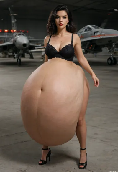 (Full body shot:1.7), (White Caucasian woman pale:1.3), ((The character Serleena from the movie Men in Black:1.7)), Enormous, spherical-to-pear-shaped, heavily distended and pendulous It protrudes aggressively forward and hangs low, reaching approximately mid-thigh level The belly has a wide, rounded base that tapers slightly toward the upper abdomen but remains massively full and heavy-looking throughout, It appears taut yet soft, with significant weight and volume that causes it to sag and rest against the tops of her thighs, The upper belly above the navel is rounded and full, blending into her large breasts contained in a tight bra There is a subtle shelf-like overhang where the massive lower belly begins, The heaviest, most prominent part is the huge, drooping lower belly It forms a massive, wide apron-like overhang with deep natural folds and creases, especially along the sides and bottom curve where it meets the thighs. The bottom edge is soft, rounded, and slightly flattened where it presses against her legs, Folds and Creases Multiple realistic skin folds a prominent horizontal crease/underfold where the belly overhangs, plus vertical creases along the sides The skin bunches softly where the belly rests on her thighs, (Jet blac hair:1.7), (It has a slightly retro or vintage-inspired volume:1.7), red lipstick, wearing black lacy lingerie, bob cut hairstyle, 30s or early 40s, atmospheric outdoor background at night, Large, almond-shaped eyes with prominent, sharply arched dark eyebrows that give her a dramatic, intense look She wears heavy black eyeliner cat-eye style and long, dark lashes, Nose Straight and proportionate, with subtle definition, (A small beauty mark mole is visible on her left cheek:1.5), just below the eye Her cheekbones are high and subtly highlighted She has a neutral-to-slightly downturned mouth expression, adding to the enigmatic, alluring vibe, large, (protruding belly prominent abdomen:1.7), which dominates the lower central part of the frame, Top A sheer, black mesh or chiffon robe/open cover-up over a black lace bra or bustier with intricate floral or scroll patterns, The lace has a semi transparent quality, revealing skin beneath while providing texture, Thin straps and a sweetheart neckline frame her cleavage, Matching black lace panties or briefs, low-rise and form-fitting, sitting just below the belly, The lace details continue the ornate pattern from the top, Eyes Her most captivating feature, They are large, wide-set, and a striking light blue or icy gray-blue hue that seems to glow or reflect light dramatically against the dark setting, The skin appears smooth and taut with natural texture and subtle stretch marks or folds visible under the lighting, giving it a realistic, soft quality, Her navel, (belly button), is clearly, (COLOSSAL BELLY:1.7), (DISTENDED BELL:1.7), (MASSIVE BELLY 10x BIGGER THAN NORMAL), v, <lora:add-detail-xl:1.5>