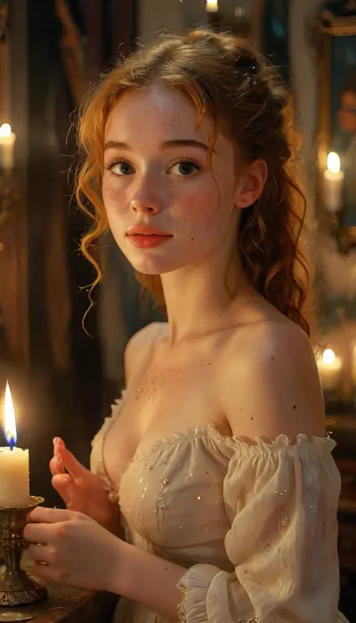 Most beautiful ginger girl ever, 18 years old, sweet, innocent, shy, happy, freckles, curly hair, ponytail, puffy nipples, (moaning:1.5), transparent open dress, no bra, 4ng3l, face, novuschroma32, a, painting, of, at, night, candle, light, in, the, style, godfried-schalcken, <lora:SDXL_BetterFaces-LoRA_v1:2>, <lora:novuschroma32 style:.4>, <lora:MJ52:2>, <lora:godfried-schalcken-sdxl-v1-000044:1.3>