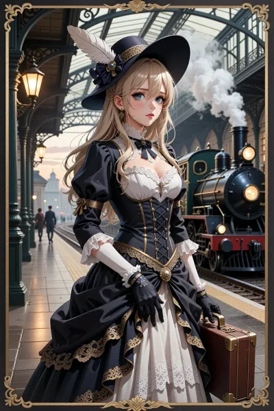 2D anime illustration, elegant shoujo-josei historical anime, Belle Époque scene, hand-drawn anime artwork, cel-shaded, stylized, illustrated, not photorealistic.

A young woman stands alone on an elegant railway platform at dusk at the end of the Belle Époque, early 1910s. She is the clear focus of the image, shown in a graceful full-body or three-quarter composition. She wears an exquisite Belle Époque travel outfit with a corseted silhouette, layered skirt, lace details, velvet and silk accents, elegant gloves, and a large feathered hat. She holds a small vintage suitcase.

Her face is beautiful and stylized in a refined anime manner, large expressive eyes, delicate nose, graceful jawline, soft rosy lips, elegant long neck, detailed flowing hair, emotional but restrained expression. She looks slightly back over her shoulder with melancholy and hope, as if taking one final look at the life she is leaving behind.

Behind her is a grand early-20th-century train station with sweeping iron-and-glass architecture, a steam locomotive, drifting steam, glowing gas lamps, and softly painted distant travelers. The background is richly illustrated but clearly anime in style, like a beautifully painted frame from a historical anime film.

Use strong anime aesthetics, clean lineart, delicate ink lines, cel shading, soft gradient highlights, stylized hair strands, expressive eyes, elegant proportions, decorative composition, romantic melancholy, historical anime key visual, premium anime movie artwork.

The mood is wistful, elegant, nostalgic, and quietly hopeful, capturing the transition from the fading Belle Époque into a new uncertain age.