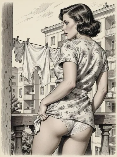This is is a detailed monochromatic pencil drawing in a classical illustrative style depicts a scene set in USSR in 1950s, Beautiful sexy brown elegant hairstyle mother stands bent over and hangs her washed underwear on a clothesline on the balcony of an apartment in a multi-storey building, wearing in a short flowered housecoat, the hem of the coat is pulled up, her white lace panties is visible, looking up, seductive face, rear view, The overall mood is intense, rendered in fine, expressive line work and subtle shading, evoking the style of 1950s satirical or moralistic illustrations.