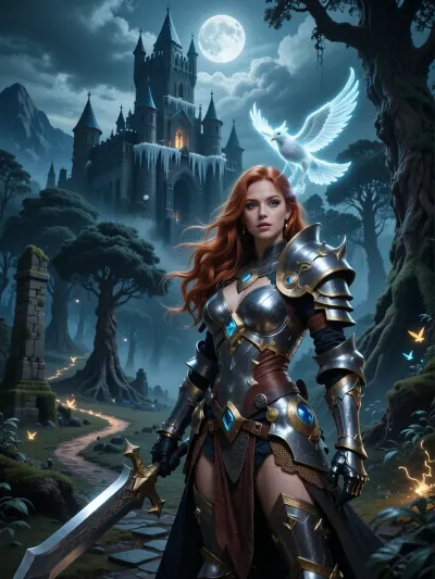 An impressive scene from the world of a fantasy computer game unfolds in front of me. In the center of the composition stands an ancient castle, whose towers look up to the sky, covered with eternal frost. Its walls, made of dark stone, reflect the ghostly light of the moon, which hangs high above the horizon, surrounded by mysterious clouds.

Below, at the foot of the castle, there is a dense forest kingdom, where the trees seem to be gigantic giants, their tops are lost in a misty haze. There are glowing paths between the trunks, along which ephemeral creatures glide-fireflies or, perhaps, small spirits of the forest. Here and there you can see the remains of ancient ruins, overgrown with moss and vines, which hints at the greatness of a long-forgotten civilization.

In the foreground is a warrior in massive armor that shimmers with silver and gold with every movement. Her hair, the color of ripe copper, is spread over her shoulders, and in her hands she holds a huge two-handed sword, ready for battle. On her belt hang various amulets and symbols of power, each of which tells its own story.

A mysterious figure hovers over the heroine's head – a magical familiar in the form of a glowing bird, whose wings are made of pure light. His eyes are like two miniature suns, carefully observing the world around them, ready to warn the mistress of any danger. There is a sense of impending battle in the air, the tension is felt even in the lightest breeze.

In the distance, behind the forest, you can see a mountain range, the tops of which are buried in clouds. From there comes a dull rumble, which can be either a natural phenomenon-the awakening of a volcano, or a sign that the ancient forces are awakening after a long sleep. Everything around is permeated with magic, every detail suggests that this world is alive, breathing and full of secrets waiting to be revealed