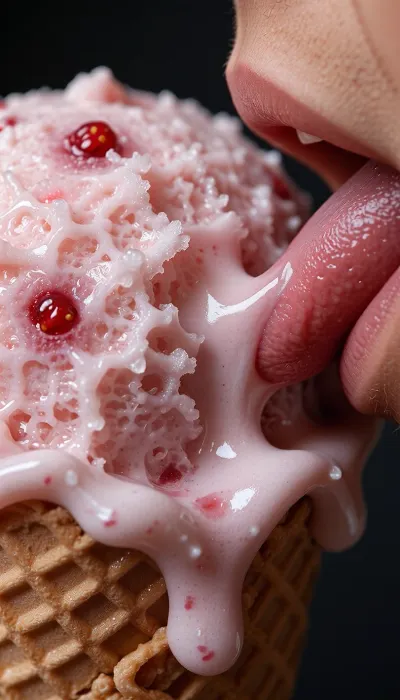 Ultra macro photography, extreme photorealism, masterpiece, scientific level surface detail, one to one macro magnification, focus stacking, razor sharp focal plane, ultra shallow depth of field, premium macro lens, realistic optical compression, natural studio lighting, soft diffused highlights, subtle specular reflections. Subject, a strawberry ice cream scoop with visible fruit pieces and tiny strawberry seeds embedded throughout the frozen surface, delicate crystalline ice texture, microscopic frost, creamy frozen ridges, fine melt droplets beginning to form, rich natural pink tones with subtle color variation. Composition includes the crisp rim of the waffle cone beneath the scoop, highly detailed baked waffle texture, tiny air pockets, golden brown color. A close human tongue tip gently glides across the surface of the strawberry ice cream, moist natural texture, realistic papillae, subtle translucency, delicate saliva sheen catching the light. Gentle contact between the tongue and the frozen, creamy surface, slight deformation of the melting ice cream where touched, microscopic streak of softened ice cream following the movement. Extreme tactile realism, dramatic texture contrast between moist skin, frozen cream and crisp waffle. Cinematic lighting, lifelike skin texture, ultra-detailed material rendering, natural color science, premium food photography, extraordinary realism.