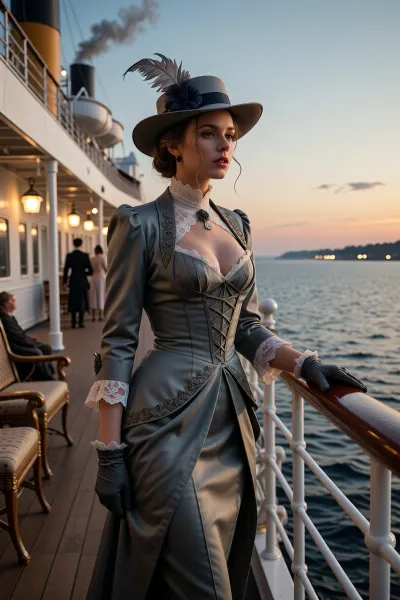 A cinematic photorealistic scene set in 1912, at the final twilight of the Belle Époque. A young busty woman stands alone on the promenade deck of a grand transatlantic luxury ocean liner shortly before departure or during the first evening at sea, surrounded by the elegance and quiet optimism of an age that does not yet know how completely the world is about to change.

She is the clear focal point of the image, shown in a graceful three-quarter or full-body composition near the ship’s railing. She wears an exquisitely detailed early-1910s traveling ensemble, a sophisticated long dress with a refined corseted silhouette, elegant tailored layers, silk and velvet accents, delicate lace, gloves, and a magnificent period hat decorated with tasteful feathers. Her clothing suggests wealth and refinement while remaining historically convincing and natural.

One gloved hand rests lightly on the polished wooden railing while she looks toward the distant horizon. Her expression carries melancholy and hope in equal measure, thoughtful and quietly expectant, as though she is leaving behind a familiar world and sailing toward something unknown. A gentle sea breeze moves the fabric of her dress, the feathers of her hat, and a few loose strands of hair.

Around her, the grand ocean liner conveys the luxurious confidence of the final Belle Époque, polished teak decks, white-painted steel structures, brass fittings, elegant deck chairs, lifeboats suspended above the promenade, tall funnels releasing a subtle trail of smoke, and warm lamps beginning to glow as evening approaches. Other elegantly dressed passengers appear only as soft distant figures, leaving the heroine with a sense of private solitude amid the grandeur.

The sky is caught between sunset and twilight, with warm golden and rose-colored light fading into cool blue over the open Atlantic. The sea reflects the last light of day, while the ship’s lamps create small pools of warmth around her. A distant harbor or coastline may be barely visible behind the ship, suggesting the world she has left behind.

The image should evoke departure, possibility, luxury, nostalgia, and gentle foreboding without depicting disaster. The young woman represents a generation standing unknowingly at the threshold between the Belle Époque and the modern world, elegant, hopeful, and surrounded by the final glow of an age about to disappear.

highly detailed, photorealistic, cinematic realism, authentic 1912 atmosphere, historically convincing early 1910s fashion, realistic skin texture, lifelike eyes, subtle emotional expression, natural sea breeze, warm sunset light, soft shipboard lamplight, atmospheric depth, elegant composition, visual storytelling, refined luxury, gentle melancholy, competition-quality image