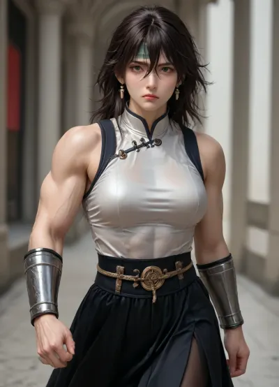 Hairstyle, Very long straight Silver hair, solo., (floor-length), Completely scattered hair. overall smooth and straight, no obvious curls or waves.
Front Hair, (Bangs), Long, messy bangs, Messy hair., (hair between eyes:1.3), naturally falling to partially cover the forehead and eye corners..Ancient Chinese generals.mature woman.Cool and handsome.aloof.frown.blush.angular face.Jade Earrings.Jade headband.muscular physique.uberfit, muscular, (muscle:1.45), .Perfect back muscles. athletic.Obvious muscle structure.
Wearing Chinese general's armor., Silver Chinese general armor, completely Silver armor, pure Silver lacquered armor, shoulder armor, breastplate, armor belt, (skirt armor:1.3), .Armored Boots, (Fully armed armor:1.3), (black tight-fitting sheer bodysuit., (sheer clothes:1.5)), ., (scream:1.3), .Holding a long spear, fighting pose.battlefield.8k, masterpiece, best quality.