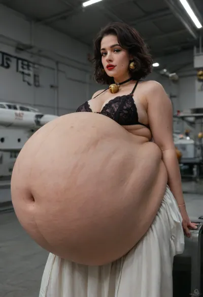 (White Caucasian woman pale), ((The character Serleena from the movie Men in Black:1.7)), Enormous, spherical-to-pear-shaped, heavily distended and pendulous It protrudes aggressively forward and hangs low, reaching approximately mid-thigh level The belly has a wide, rounded base that tapers slightly toward the upper abdomen but remains massively full and heavy-looking throughout, It appears taut yet soft, with significant weight and volume that causes it to sag and rest against the tops of her thighs, The upper belly above the navel is rounded and full, blending into her large breasts contained in a tight bra There is a subtle shelf-like overhang where the massive lower belly begins, The heaviest, most prominent part is the huge, drooping lower belly It forms a massive, wide apron-like overhang with deep natural folds and creases, especially along the sides and bottom curve where it meets the thighs. The bottom edge is soft, rounded, and slightly flattened where it presses against her legs, Folds and Creases Multiple realistic skin folds a prominent horizontal crease/underfold where the belly overhangs, plus vertical creases along the sides The skin bunches softly where the belly rests on her thighs, (Jet blac hair:1.7), (It has a slightly retro or vintage-inspired volume:1.7), red lipstick, wearing black lacy lingerie, bob cut hairstyle, 30s or early 40s, atmospheric outdoor background at night, Large, almond-shaped eyes with prominent, sharply arched dark eyebrows that give her a dramatic, intense look She wears heavy black eyeliner cat-eye style and long, dark lashes, Nose Straight and proportionate, with subtle definition, (A small beauty mark mole is visible on her left cheek:1.5), just below the eye Her cheekbones are high and subtly highlighted She has a neutral-to-slightly downturned mouth expression, adding to the enigmatic, alluring vibe, large, (protruding belly prominent abdomen:1.7), which dominates the lower central part of the frame, Top A sheer, black mesh or chiffon robe/open cover-up over a black lace bra or bustier with intricate floral or scroll patterns, The lace has a semi transparent quality, revealing skin beneath while providing texture, Thin straps and a sweetheart neckline frame her cleavage, Matching black lace panties or briefs, low-rise and form-fitting, sitting just below the belly, The lace details continue the ornate pattern from the top, Eyes Her most captivating feature, They are large, wide-set, and a striking light blue or icy gray-blue hue that seems to glow or reflect light dramatically against the dark setting, The skin appears smooth and taut with natural texture and subtle stretch marks or folds visible under the lighting, giving it a realistic, soft quality, Her navel, (belly button), is clearly, (COLOSSAL BELLY:1.7), (DISTENDED BELL:1.7), (MASSIVE BELLY 10x BIGGER THAN NORMAL), v, <lora:add-detail-xl:1.5>