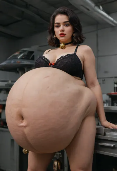 (White Caucasian woman pale), ((The character Serleena from the movie Men in Black:1.7)), Enormous, spherical-to-pear-shaped, heavily distended and pendulous It protrudes aggressively forward and hangs low, reaching approximately mid-thigh level The belly has a wide, rounded base that tapers slightly toward the upper abdomen but remains massively full and heavy-looking throughout, It appears taut yet soft, with significant weight and volume that causes it to sag and rest against the tops of her thighs, The upper belly above the navel is rounded and full, blending into her large breasts contained in a tight bra There is a subtle shelf-like overhang where the massive lower belly begins, The heaviest, most prominent part is the huge, drooping lower belly It forms a massive, wide apron-like overhang with deep natural folds and creases, especially along the sides and bottom curve where it meets the thighs. The bottom edge is soft, rounded, and slightly flattened where it presses against her legs, Folds and Creases Multiple realistic skin folds a prominent horizontal crease/underfold where the belly overhangs, plus vertical creases along the sides The skin bunches softly where the belly rests on her thighs, (Jet blac hair:1.7), (It has a slightly retro or vintage-inspired volume:1.7), red lipstick, wearing black lacy lingerie, bob cut hairstyle, 30s or early 40s, atmospheric outdoor background at night, Large, almond-shaped eyes with prominent, sharply arched dark eyebrows that give her a dramatic, intense look She wears heavy black eyeliner cat-eye style and long, dark lashes, Nose Straight and proportionate, with subtle definition, (A small beauty mark mole is visible on her left cheek:1.5), just below the eye Her cheekbones are high and subtly highlighted She has a neutral-to-slightly downturned mouth expression, adding to the enigmatic, alluring vibe, large, (protruding belly prominent abdomen:1.7), which dominates the lower central part of the frame, Top A sheer, black mesh or chiffon robe/open cover-up over a black lace bra or bustier with intricate floral or scroll patterns, The lace has a semi transparent quality, revealing skin beneath while providing texture, Thin straps and a sweetheart neckline frame her cleavage, Matching black lace panties or briefs, low-rise and form-fitting, sitting just below the belly, The lace details continue the ornate pattern from the top, Eyes Her most captivating feature, They are large, wide-set, and a striking light blue or icy gray-blue hue that seems to glow or reflect light dramatically against the dark setting, The skin appears smooth and taut with natural texture and subtle stretch marks or folds visible under the lighting, giving it a realistic, soft quality, Her navel, (belly button), is clearly, (COLOSSAL BELLY:1.7), (DISTENDED BELL:1.7), (MASSIVE BELLY 10x BIGGER THAN NORMAL), v, <lora:add-detail-xl:1.5>