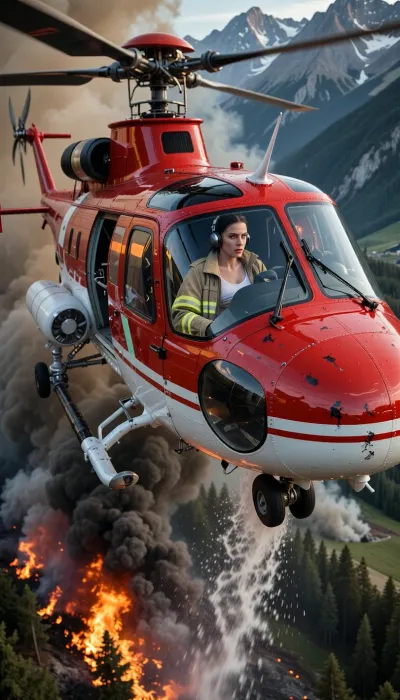 Ultra realistic cinematic aerial photograph, masterpiece, red and white Italian Vigili del Fuoco Erickson S64F Aircrane Firefighting Helicopter flying low above a catastrophic Alpine forest wildfire, full helicopter visible nose to tail, realistic open Skycrane structure, enclosed front cockpit pod, medium close three quarter front aerial view, correct scale relationship between human pilot and large helicopter, curved reflecting windshield catching orange firelight, smoke and mountain reflections, through the reflecting windshield glass the left pilot seat is occupied by a single attractive Italian elite firefighter pilot, 28 years old, her face visible at realistic pilot scale inside the cockpit, detailed tension visible in her face, narrowed focused eyes, slightly parted lips, flushed skin with visible sweat, sweat-damp dark hair, aviation headset, seated flight posture her face visible at realistic pilot scale inside the cockpit, head naturally small compared with the windshield, intense focused expression, flushed skin with sweat, sweat damp dark hair, seated flight posture, open tan firefighting jacket with bright yellow and silver reflective stripes, soot dust and heat stains, white tank top clearly visible beneath the open jacket, worn red and white livery, scratched paint, soot stains, chipped markings, heat weathered metal, exposed mechanical details, rotor blades with motion blur, underside belly tank releasing a broad heavy curtain of water, dense spray and vapor, huge steam clouds, thick black smoke. saturated orange and red flames, embers, ash, heat distortion, dramatic Alpine mountain backdrop, intense color saturation. documentary realism, National Geographic quality.

Ich