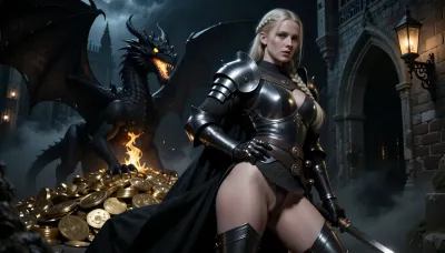 Sexy curvy big ass woman in knight armor, she is a Scandinavian knight with pale sunless skin, long light blonde hair braided into a single neat braid, clear blue eyes, and a cold focused expression of absolute resolve. She wears dark heavy knight armor, heavy but elegant, with layered black and charcoal cloth tabard. Dragon, large black dragon on top of pile of gold in a gothic castle at midnight, its eyes glowing in a warm yellow-orange hew, its maw is slightly opened a beginning flame growing in the back of its throat.

The castle is dark and claustrophobic, with rough brickwork, crooked gothic arches, old stone walls, wrought-iron lanterns, drifting fog, and deep black corners where danger waits. High fantasy knight, gothic castle, cinematic composition, ultra detailed, realistic painterly style, dramatic low-key lighting, deep shadows, tense stealth atmosphere, elegant martial pose.