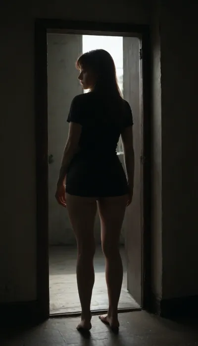 An insanely hot chubby redhead, 36 year old, brown thin tight short dress, short sleeves, leaving her ass and pussy exposed. She is leaning a bit in tiptoes, looking at the camera. Long hair. Short bangs.

voyeuristic view through the almost closed bedroom door.

Simulating view captured from a phone.

Realistic amateur photo.

low-key lighting, single weak light source in front of subject, foreground swallowed by darkness, details lost in shadow, (underexposed:.1), silhouette emerging from darkness, heavy grain, unsettling atmosphere in the style of Erika Lust, contemporary art-house cinema, dramatic chiaroscuro lighting, modern European setting, emotionally authentic, cinematic composition, real and intimate”, <lora:dark:1.4>