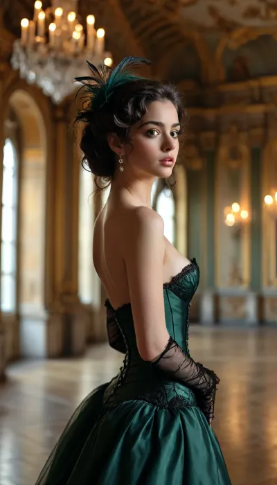 (masterpiece, best quality, ultra-detailed, photorealistic, 8k, RAW photo), ((1840’s)), full-body portrait of a breathtakingly voluptuous young woman with an extreme hourglass figure, posing. She has flawless olive skin, long, cascading dark waves black hair in thick, sensual waves, and a smoldering, seductive gaze directed at the camera. She is wearing an incredibly tight, form-fitting, black lace satin belle epoque gown. The green gown features puffy-shoulders and long sleeves, a sweetheart neckline, and a structured corseted bodice that violently cinches her impossibly small waist and thrusts her massive, heavy tits upwards, creating a deep, fuckable cleavage that spills out from the top. The black satin fabric clings like a second skin over her wide, child-bearing hips and thick thighs, outlining every single curve of her lower body in explicit detail. From the knees down, the dress explodes into a voluminous, multi-layered brown skirt of organza and tulle that pools elegantly on the floor. She wears a fancy Edwardian capline hat with a large feather, She is in the palace of Versailles in Hall of Mirrors She poses sensually in a grand, sunlit ballroom with tall, arched windows in the background. The natural light from behind silhouettes her perfect, fertile body. One of her toned arms is raised behind her head, pushing her tits out even further, while her other hand delicately toys with the dress strap on her shoulder. The setting is an opulent hall with paneled walls and a polished dark wood herringbone floor. The atmosphere is intensely erotic, elegant, and sophisticated. Cinematic lighting, sharp focus, high contrast., <lora:MJ52:.8>