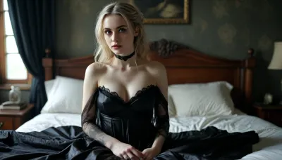 beautiful sexy slender 25 year old goth woman sitting up in bed holding the sheet over her breasts, startled, covering her busom, pale white skin, black silk sheets, macabre room decor, <lora:MJ52:.8>