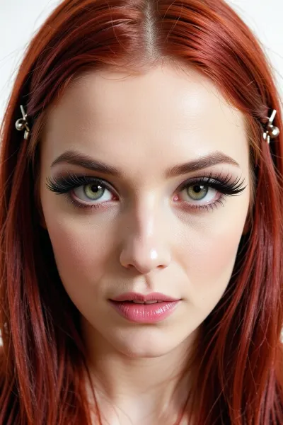 (Kubrick stare, predatory smirk:20), (unnerving, psychotic woman, crazy ex-girlfriend:8), (intense 27yo woman, heavy makeup, long false eyelashes), (vibrant flaming red hair, long luxurious hair, straightened hair, bobby-pin), (flawless pale skin), (large expressive eyes, pale hazel-green eyes), (harsh overexposed lighting, low contrast, blown-out white levels, flash photography), (tight face close-up, focus on eyes)