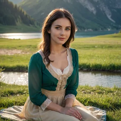 (UHD 8K, masterpiece, professional photo), (focus on face), (perfect detailded face), (detailed eyes), (perfect fingers), (high realistic), 24yo austrian slim woman, dark brown hair, in the golden morning light, (traditional austrian dirnd dress with blouse), kneeling in the green grass in front of a beautiful austrian deep blue lake in the moutains, (soft smile), Ohwx, woman, full body view, sunlight_str1, <lora:FilmLike_v0.9:1.1>, <lora:Tyla_pouty lips-000003:.2>, <lora:sunlight_str1-SDXL_v1-dim64-steps1691:.4>