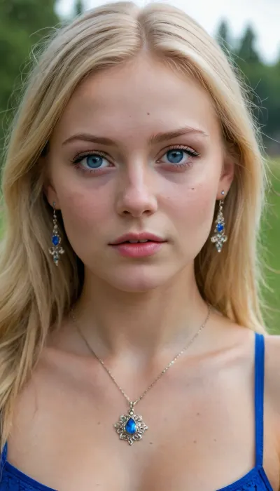 russian village Russian village girl 20 years old, blonde, ((perfect body shape)), earrings, bright makeup, freckles, necklace, big blue eyes, the girl is very, very beautiful, the most perfect figure