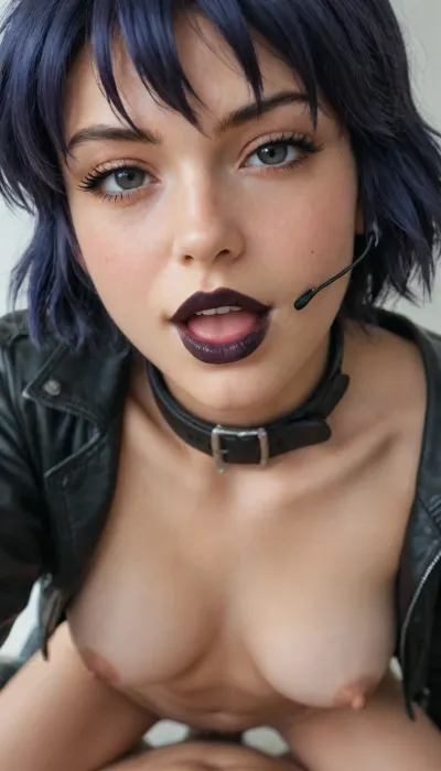 (((Motoko Kusanagi)), View from above, naked, cowgirl position penetrarion pov sex, best quality, close up, pov hug and kiss, source_anime, official art, perfect_anatomy, 1990s_\, (style\), retro_artstyle, 1girl, motoko Kusanagi from ghost in the shell, perfect body, detail face, black lipstick, blue hair, sunglasses, big breats, dynamic view, highres, close up view, half closed eyes, shadow eyes, makeup blush face, looking at viewer, wearing open black leather jacket, open mouth, unfingered black gloves, collar, belt, long black boots, ears, headset, pov girl on top, smile, Arms to the viewer)