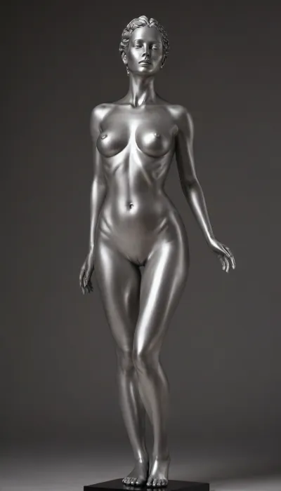 estátua de mulher, feita de prata líquida, nua, mostrar o corpo todo