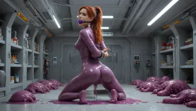 masterpiece, 4k, 1 slim babe, medium breast size, German athletic girl with muscular legs and ass, kneeling, in spaceship, (standing in spaceship over slime bowl, purple ball gagged:1.2), red hair, grey eyes, (hands tied behind her back with metal cuffs:1.5), bdsm, view from rear, legs spread, looking back at viewer, submissive, long hair, nipple piercing, (muscular slim body:1.2), tight big silver choker around her neck, tears, (body oiled up:1.3), (shiny oiled body:1.3), body oil, standing, (pearlescent silver purple transparent bodysuit, brassiere, dense durable transparent silicone shapewear bodysuit, glossy purple transparent latex stockings and garter belt), viewed from rear, ((octopus tentacle monsters), tentacle dick, (anal)), Read, instruction, for, the, complete, features, Tentacle, nest, Slimy, swamps, giant, slime, mushrooms, soft, tentacle, sex, Slime, scene, prisoned, in, experimental, glass, tube, Love, tentacles, opening, anus, vagina, spreading, pussy, sucking, a, blowjob, Massive, penetration, Icy, blue, thick, penis-shaped, penis, shaped, hair, queen, of, Sparta, Futuristic, powered, outfits, tribal, body, paintings, tanned, glossy, skin, covered, with, colored, and, dark, mud, Cum, drip, floods, from, her, mouth, ears, massive, cum, flood, on, floor, Sticky, liquid, dripping, suspended, above, ground, by, ropes, top-down, bottom-up, Pleased, Surprised, breathless, Flirty, Closeup, Depth, field, bottom, view, belly, under, Shiny, Darkness, View, ass, behind, futuristic, l4b0r4t0ry, great, lighting, 4ng3l, face, <lora:Tentacles_RELOADED:1>, <lora:futuristic_l4b0r4t0ry:.8>, <lora:great_lighting:.8>, <lora:SDXL_BetterFaces-LoRA_v1:.8>, focus pussy
