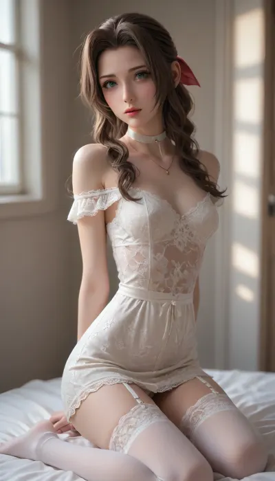 Aerith Gainsborough, long brown curled hair, bold green eyes. C size breasts, thin waist, slender thighs, slim legs, hourglass figure., (Extremely textured white lace sheer off-shoulder, mini-dress, thigh high white lace stockings, garter, white choker), arms tied behind back, side view, kneeling, Legs spreadI