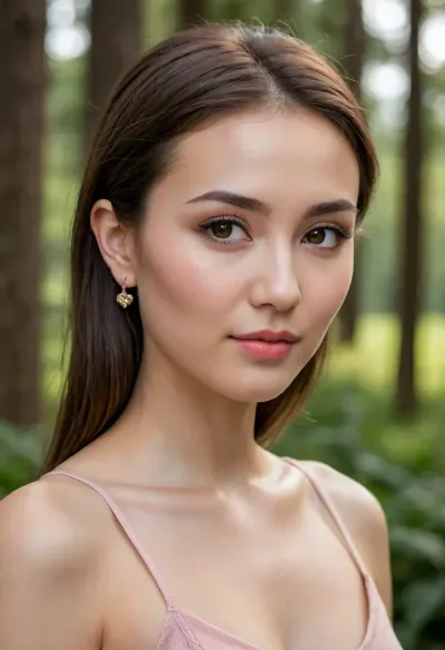 photorealistic portrait of the exact same Kazakh woman from reference image, (1:1), facial identity preservation, no variation, no reinterpretation, strict identity lock, soft oval face with smooth rounded jawline and balanced proportions, compact lower face, medium forehead, large almond-shaped eyes slightly elongated horizontally with subtle outer lift, warm medium-brown irises with soft amber undertone, slightly hooded upper eyelids, precise black winged eyeliner with clean sharp tail and thin inner lash line, long curled voluminous eyelashes, medium-thick dark brown eyebrows with soft natural arch, evenly filled with natural density, small-to-medium straight nose with narrow bridge, refined structure and soft rounded tip, full well-balanced lips with slightly fuller lower lip, soft defined cupid’s bow, natural coral-pink tone with smooth hydrated texture, softly full cheeks with natural volume and subtle blush, gently defined cheekbones, very smooth even-toned light-medium warm complexion with soft natural glow and realistic skin texture, short straight light brown bob haircut slightly below jawline with ends tucked inward and warm undertones, side part slightly off-center, small gold hoop earrings, relaxed neutral expression with very slight natural smile, natural glam makeup, soft contour, subtle blush, light highlighter, soft diffused natural daylight with even illumination, eye-level angle, 50mm portrait lens, shallow depth of field, sharp focus on face, ultra high detail, RAW photo look, realistic skin texture, outdoor forest background with soft bokeh greenery

HARD CONSTRAINTS, exact same person, identical face, exact facial proportions and geometry, no face reshaping, no feature exaggeration, no stylization, no beauty filter, strict identity lock enforced