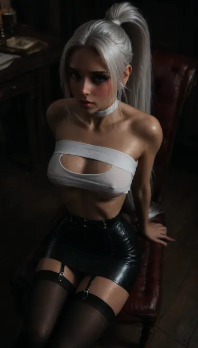(score_7_up, score_8_up, score_9, 1girl, solo, masterpiece), ((long white ponytail:1.5)), (shy face:1.3), (blushing), (hands behind her back), ((leather micro skirt:1.6)), 25yo girl, (((athletic skin body))), (narrow waist:1.4), ((hip gap)), ((white g-strings:1.6)), white wide choker, (wet skin:1.5), ((into the office)), (oiled skin:1.3), ((black stockings with garters:2)), ((garters:1.4)), (chiaroscuro lighting:.5), erected nipples, ((view from above:2)), (perky boobs), (face closeup), (((sitting on the chair:2))), ((black micro tube-top:1.4)), (makeup:1.5), hand, <lora:sunnyrayyxo_v1_SDXLBase:.4>, <lora:dark:.4>, <lora:HandFineTuning_XL:1>, <lora:attractive_notrigger:.8>