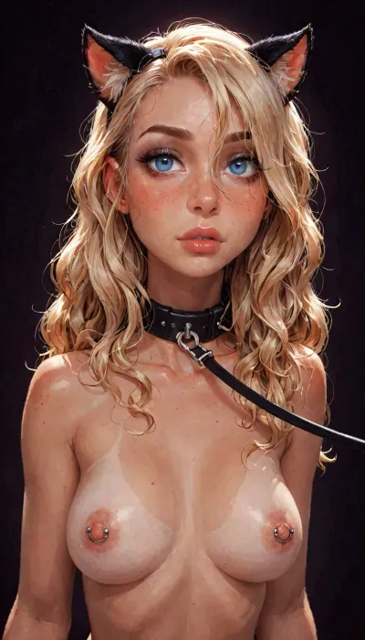 (reiq meets innv and Jack cayless art style), (Incase style:1.2), beautiful girl, blonde long hair, (cat ears), (nipple piercing), (black leash on her neck), (black makeup), bangs over eye, symmetrical blue eyes, snub nose, plumb lips, parted lips, half-closed eyes, perfect natural breasts, curly hair, erect puffy nipples, 1girl, solo, face focus, beautiful curves of the body, realistic detailed, deep insertion, intim light, cat uniform, (simple dark background:1.8), skin texture, futuristic-fantasy-anime, incase, style, <lora:sd_xl_turbo_lora_v1-64dim:2>, <lora:futureistic_fantasy_anime_sdxl_v1:2>, <lora:Incase_Style__SDXL:2>