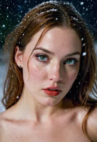closeup pic, seductive, Night, midnight, Tip toes, femininity, hyper sexuality, unrealistically attractive, snow, snowing, blizzard, succubus, evil nymph, Fetish, kink, High quality vintage 35mm Kodak film photograph, diagonal angle, tilt, professional photograph, 14yearold, freckles, green, eyes, blue, brown, perfecteyes, very, dark, focused, flash, photo, <lora:Ring_Bokeh:2>, <lora:PerfectEyesXL:2>, <lora:winx-10:2>, <lora:sdxl_darkflash_v6-000060:2>
