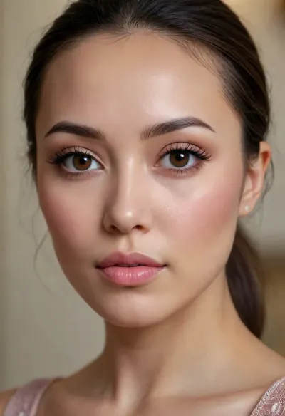 37 year old Kazakh woman, exact same face as all reference photos, oval face, large almond dark brown eyes with strong black winged eyeliner, thick arched eyebrows, full lips with natural pink-nude color, warm glowing skin, subtle blush, highly detailed realistic skin texture, photorealistic, sharp focus, natural lighting, small elegant watermark "kazalmaxxx" in bottom right corner