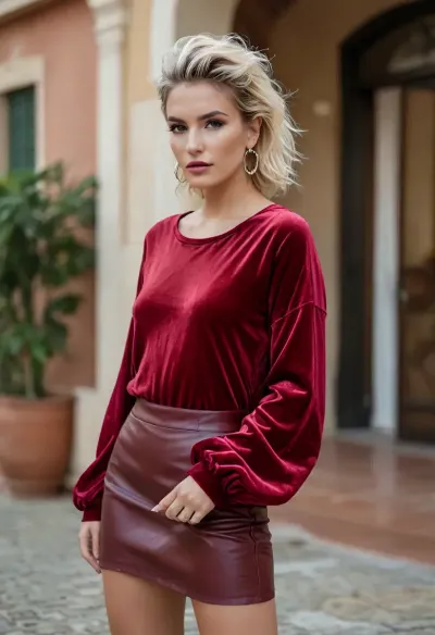 (masterpiece, best quality:1.2), 1 czech 25yo woman, fashion influencer, (she wears a hibiscus colored velvet baggy ruffled and flat oval neck longshirt, short leather skirt and high heels:1.4), outside a luxury villa, short slicked-back white hair, (modern styled with jewelry, earrings, bangles:1.4), brown eyes, photorealism, <lora:style_lora_realis:.5>, <lora:slicked-back_hair-000006:.5>