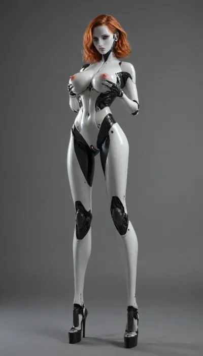 Sexy female robot, large breast, long metalic hair, long legs, rubbing breast, rubbing vagina.